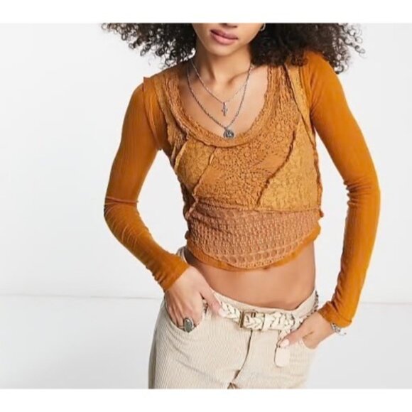 Free People Tops - FREE PEOPLE Taylor Top Sz L Gold-Brown Lace Panel Rib Raglan Sleeve Cotton Blend